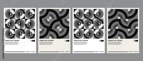 Abstract monochrome gradient poster background vector set. Modern cover template with black and white perspective geometric prism shapes. Ideal design for social media, banner, ads.