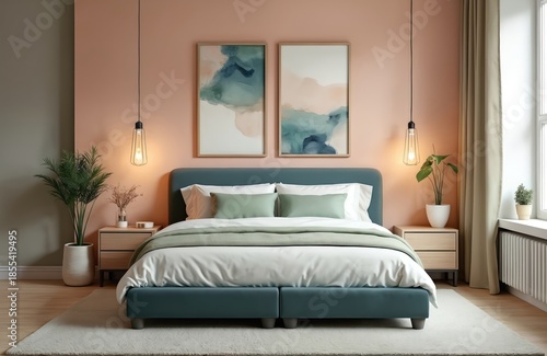 Modern bedroom features pale peach walls, teal bed, and sage green accents. Minimalist decor includes abstract art and plants for a peaceful retreat.