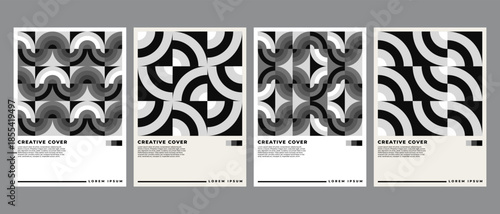Abstract monochrome gradient poster background vector set. Modern cover template with black and white perspective geometric prism shapes. Ideal design for social media, banner, ads.