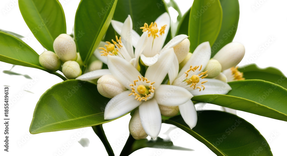 Obraz premium White citrus blossoms on green leaves isolated on transparent background