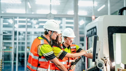 Fotografía Three engineers program an industrial robot or CNC machine using an AI interface