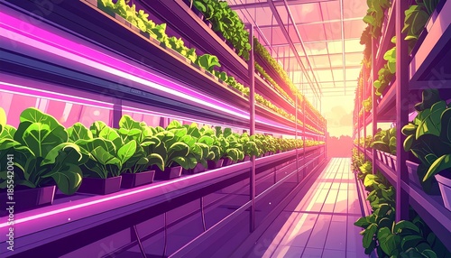 Futuristic Vertical Farm Interior with Purple LED Grow Lights