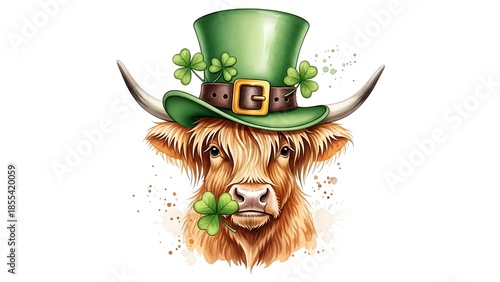 Highland Cow Wearing St Patricks Day Hat With Shamrocks photo green