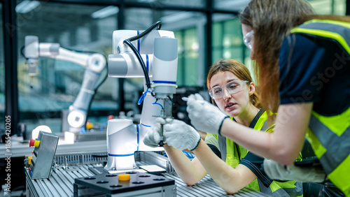 Bild auf Leinwand Two female robotics engineers in an R&D lab troubleshoot an AI cobot