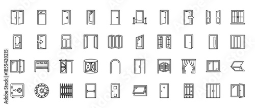 Architecture and interior design icon set featuring vector pictograms of doors, windows, gates, revolving entrance, sliding glass, and safe vault in thin outline style.