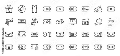Coupon and ticket line icon set. Vector pictograms of voucher, discount, barcode, qr code, calendar, reward, and admission pass, thin black outline illustration.