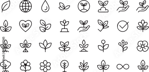 A Collection of 30 Minimalist Icons Representing Growth, Nature, and Sustainability