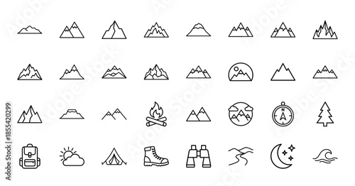 Mountain and camping line icon set. Vector pictograms of peaks, campfire, backpack, tent, hiking boot, binoculars, compass, and forest, thin outline illustration.