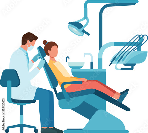 A dentist examines a patient's teeth with a dental tool in a modern dental chair, focusing on health and oral care.