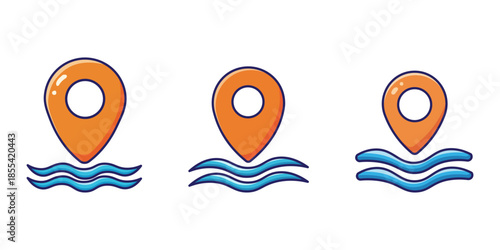 Floating Location Pin on Water Waves Set of Three Map Marker Icons for Travel and Maritime Navigation