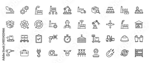 Industrial and logistics line icon set. Vector pictograms of factory, robot, forklift, shipping container, conveyor belt, tools, and warehouse, thin outline illustration.