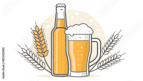 A cold glass of lager and a full mug of golden ale with white foam and bubbles isolated on a white background