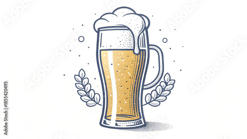 A full pint glass of cold golden lager beer with thick white foam froth and bubbles isolated on a background for a pub refreshment beverage
