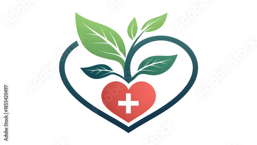 A red apple fruit illustration in a heart shape with green leaves symbolizes healthy food and natural love for a delicious eco diet design