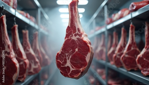 Prime beef cuts dry age on hooks in cold storage. Marbled meat hangs in butcher shop freezer, ready for gourmet cooking. Premium steak awaits preparation in chilled room.