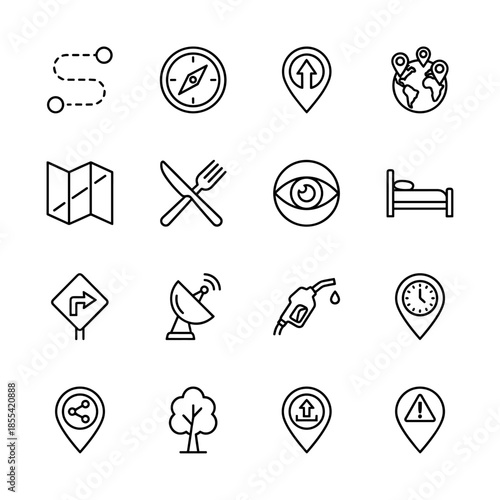 Navigation and travel line icon set. Vector pictograms of map, compass, location pin, globe, bed, gas pump, tree, satellite and clock, thin outline illustration.