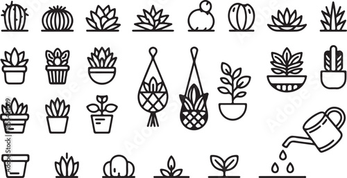 A collection of minimalist black line art icons representing various potted plants and gardening tools