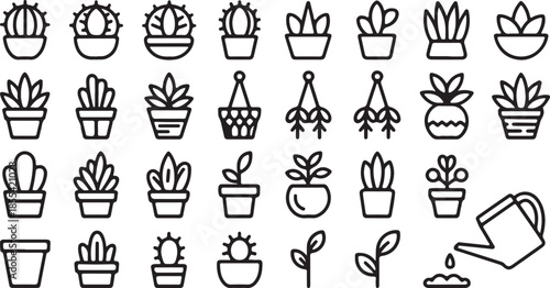 A Comprehensive Collection of Black and White Potted Plant Icons for Decorative and Design Use