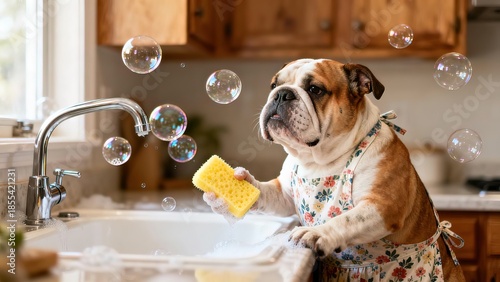 Dog washing dishes in kitchen