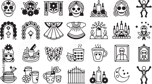 A diverse collection of minimalist line art illustrations featuring traditional Mexican Day of the Dead cultural symbols, festive altars, sugar skulls, and marigold flowers