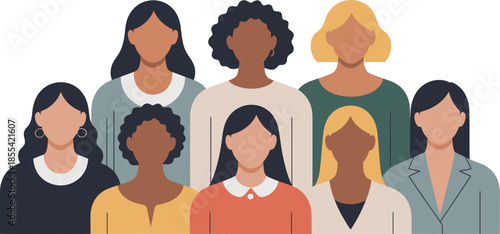 A diverse group of women with various skin tones and hairstyles stands together, representing unity and community