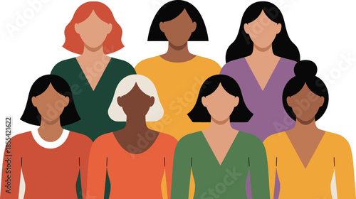 A group of seven women portrayed in flat style, showcasing various hair and clothing colors