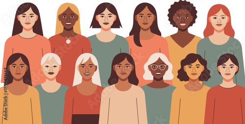 A large crowd of diverse women with different ages, skin tones, and hairstyles stands together united