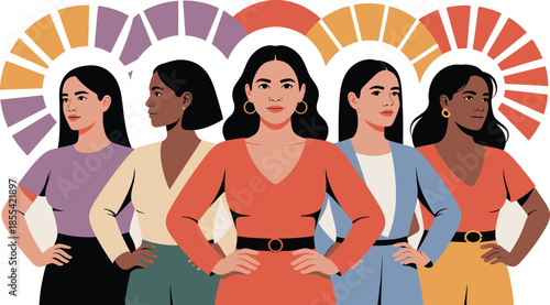 Diverse women standing together with strength and unity, facing various directions on a clean white background
