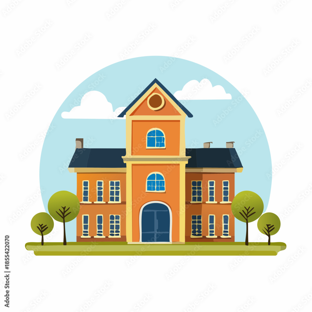 Naklejka premium Flat illustration of an orange school building with a clock tower, blue door and roof, set against a blue sky with clouds and green trees.