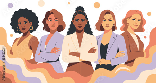 Five powerful diverse businesswomen standing confidently with arms crossed showing leadership and strength