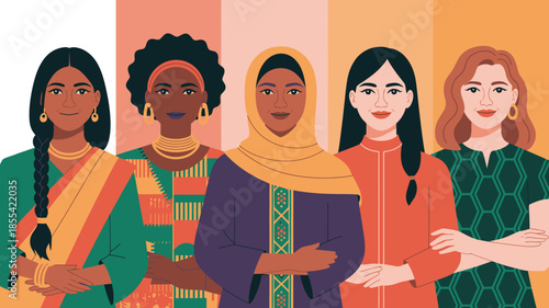 Five smiling diverse women representing various cultures in traditional attire with linked arms