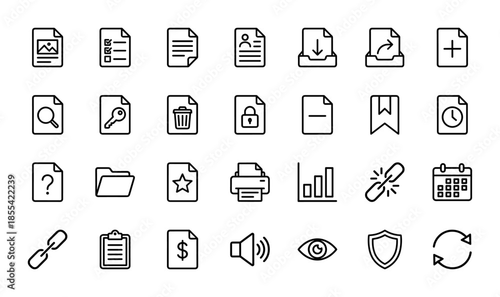 Fototapeta premium Business and document management line icon set. Vector pictograms of folder, printer, calendar, chart, shield, lock, and file interface, thin outline illustration.