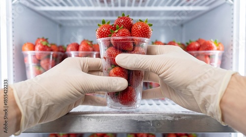 Hands in gloves taking plastic cup of fresh red strawberries from commercial refrigerator.