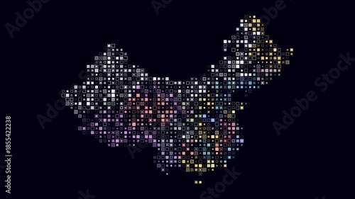 China map animation. Shape of the country with pulsating colored dots. Small size square blocks. Digital style China map on dark background. Plain video.