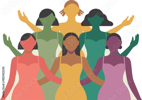 Six diverse women stand together with outstretched arms representing unity and empowerment