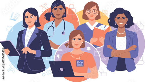 A collection of diverse professional women in various careers framed within colorful circles