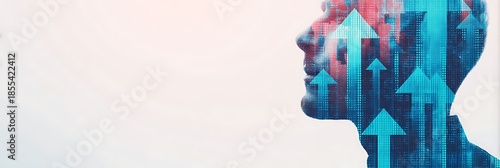 A digital silhouette of a human head filled with abstract patterns and upward arrows, symbolizing growth and innovation.