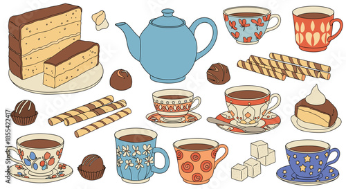 Charming hand-drawn collection of vintage-style tea party elements, including a teapot, patterned cups, cake, and assorted sweets.