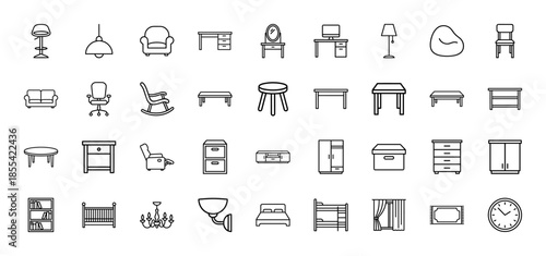 Home furniture and interior decor line icon set featuring vector pictograms of sofa, bed, desk, chair, lamp, wardrobe, and cabinet in a thin outline illustration style.