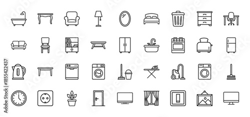 Home furniture and appliances line icon set. Vector pictograms of sofa, bed, lamp, refrigerator, washing machine, stove, bathtub, and television, thin outline illustration.
