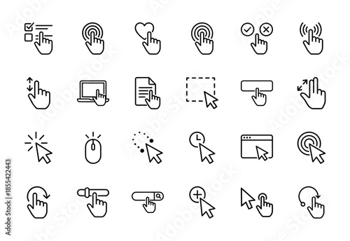 Computer cursor and touch gesture line icon set. Vector pictograms of clicking, swiping, scrolling, dragging, selecting, and zooming, thin outline illustration.