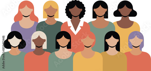 A diverse group of many women with different hair colors and skin tones in a simple flat style