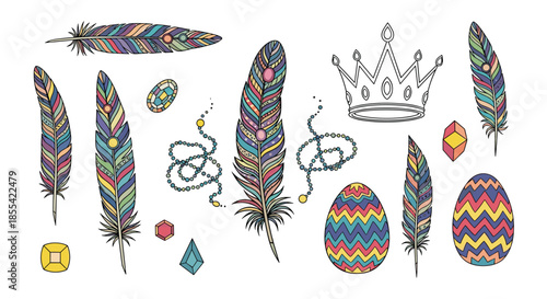 Eclectic hand-drawn collection of colorful bohemian style elements including ornate feathers, jewels, beads, patterned eggs, and a crown.