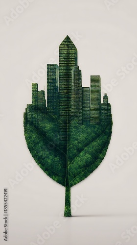 A city skyline creatively shaped within a green leaf, symbolizing the fusion of nature and urban life.