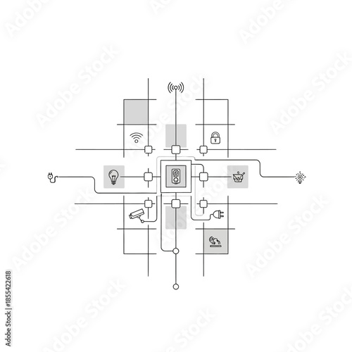 Centralized smart home system connectivity diagram with IoT device control and automation technology.