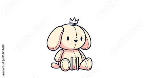 Adorable hand-drawn illustration of a cute stuffed puppy plush toy with long floppy ears, stitch details, and a tiny crown on its head.