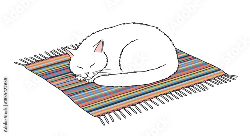 Cozy illustration of a cute white cat peacefully sleeping curled up on a colorful, striped woven rug with fringe on a white background.