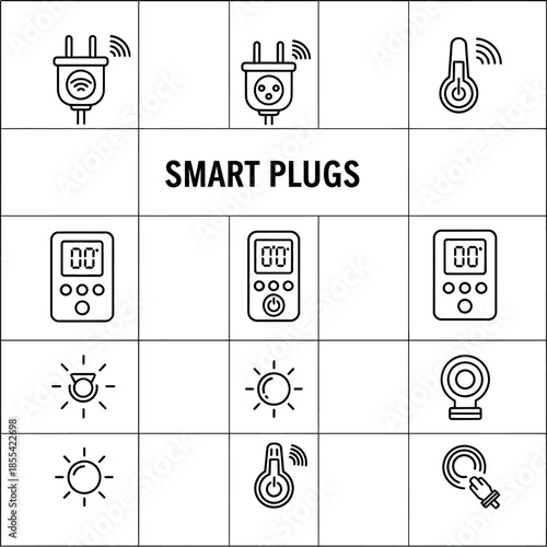 Smart Plugs and Home Automation Vector Line Icons Set: IoT Devices and Climate Control Symbols.