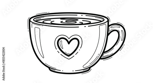 Hand-drawn black and white sketch of a cozy, wide teacup with a simple heart design, filled with a warm beverage for comfort.