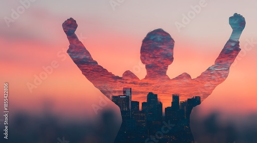 A silhouetted figure with raised arms is overlaid by a vibrant sunset and cityscape, symbolizing triumph and connection with urban life.